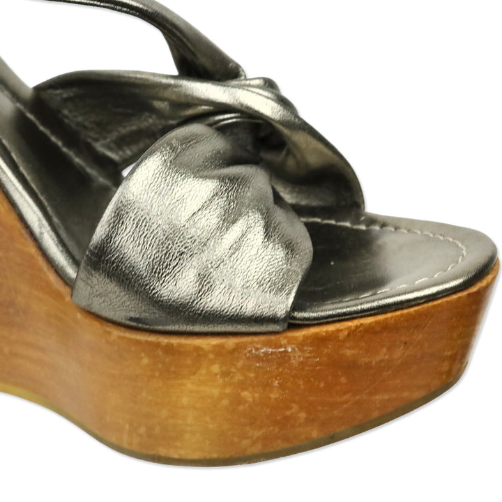 Gianvito Rossi Metallic Bronze Twisted Leather Wood Wedge Platform Sandal