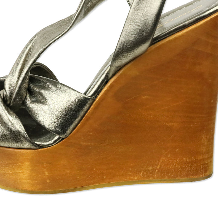 Gianvito Rossi Metallic Bronze Twisted Leather Wood Wedge Platform Sandal