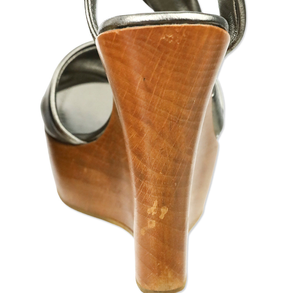 Gianvito Rossi Metallic Bronze Twisted Leather Wood Wedge Platform Sandal