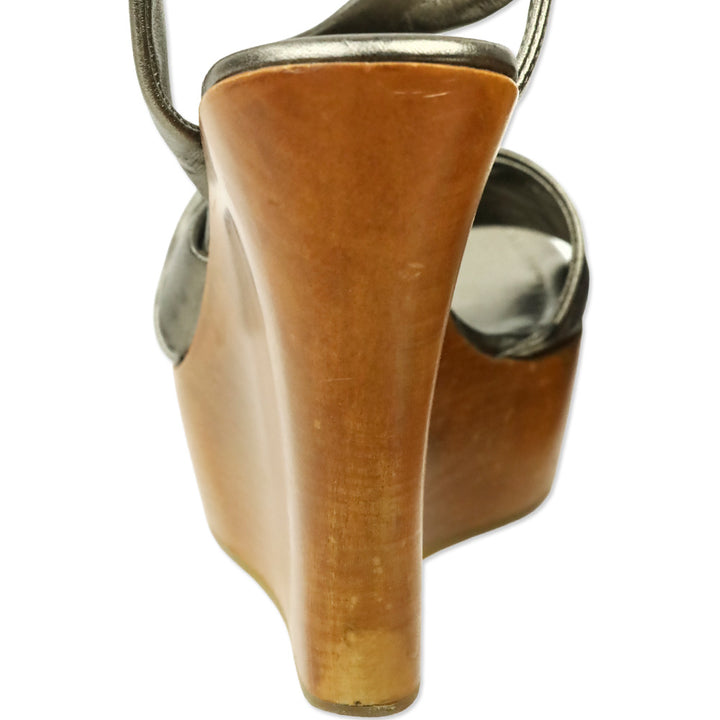 Gianvito Rossi Metallic Bronze Twisted Leather Wood Wedge Platform Sandal