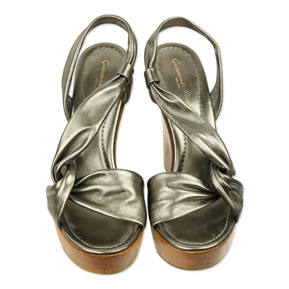 Gianvito Rossi Metallic Bronze Twisted Leather Wood Wedge Platform Sandal