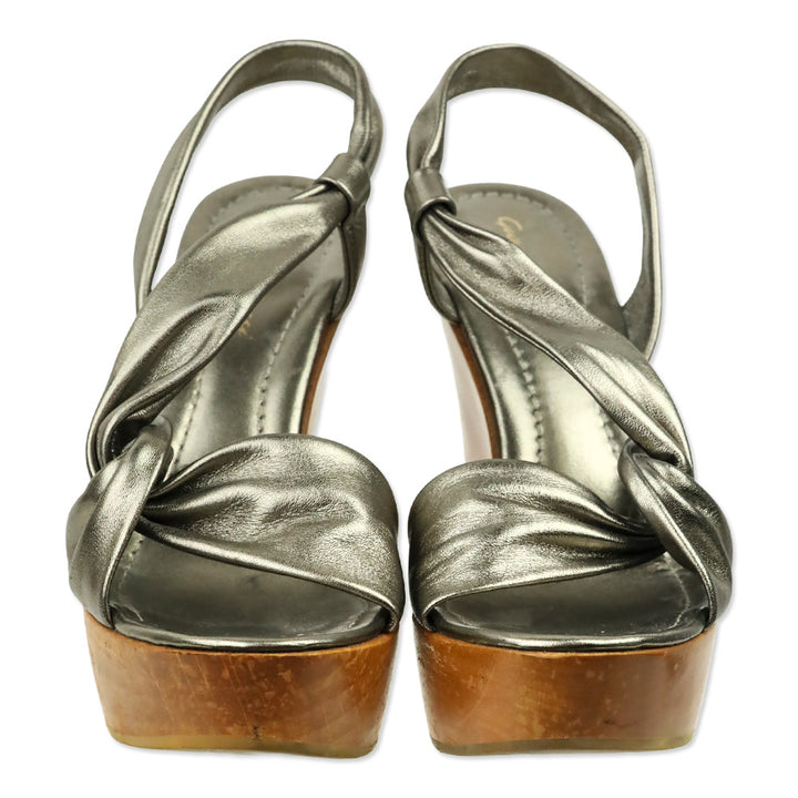 Gianvito Rossi Metallic Bronze Twisted Leather Wood Wedge Platform Sandal