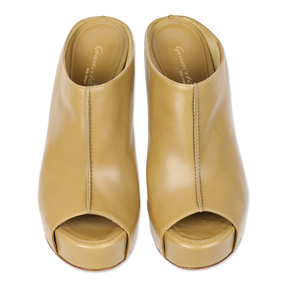 Gianvito Rossi Tan Leather Peep Toe Mules