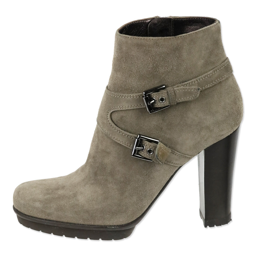 Gianvito Rossi Taupe Suede Buckle Strap Platform Ankle Boots