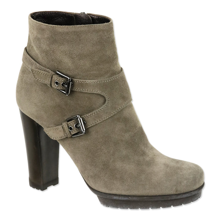 Gianvito Rossi Taupe Suede Buckle Strap Platform Ankle Boots
