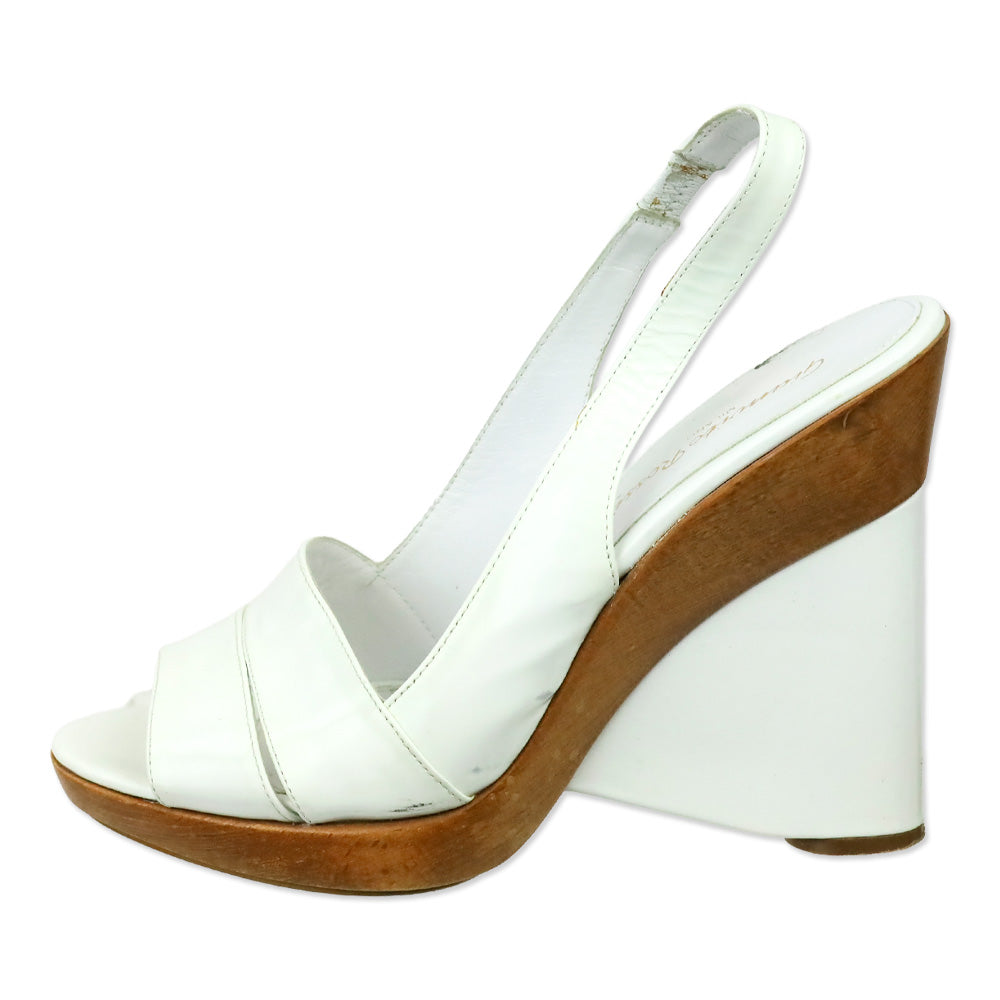 Gianvito Rossi White Patent Leather Slingback Wood Wedge Platform Sandal