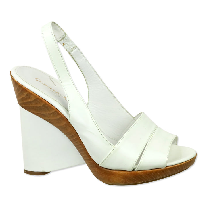 Gianvito Rossi White Patent Leather Slingback Wood Wedge Platform Sandal