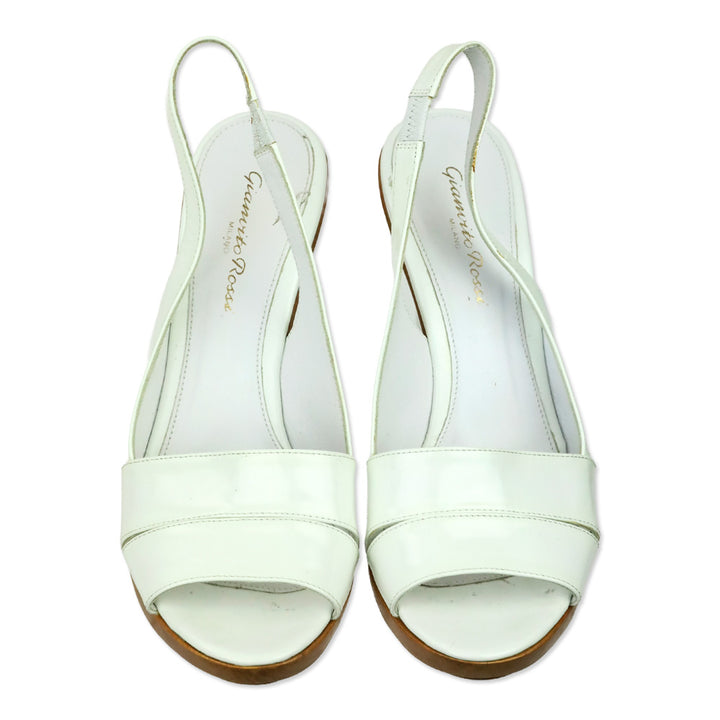 Gianvito Rossi White Patent Leather Slingback Wood Wedge Platform Sandal