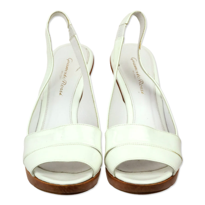 Gianvito Rossi White Patent Leather Slingback Wood Wedge Platform Sandal