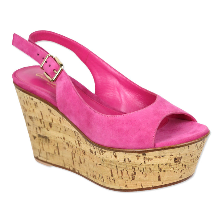 Gianvito Rossi Fuchsia Suede Slingback Peep Toe Cork Wedge Platform Sandal