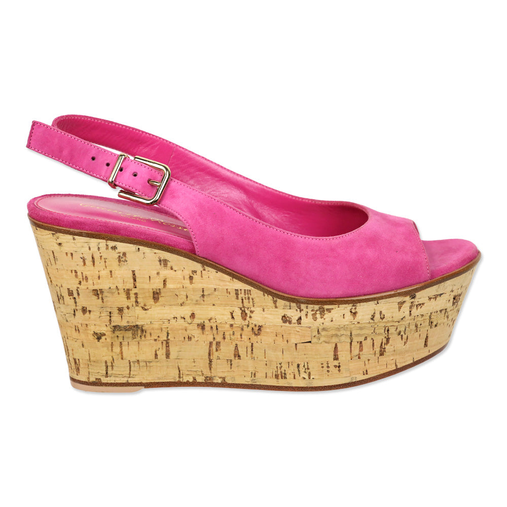 Gianvito Rossi Fuchsia Suede Slingback Peep Toe Cork Wedge Platform Sandal