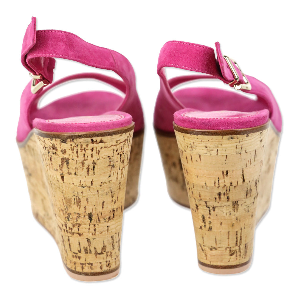 Gianvito Rossi Fuchsia Suede Slingback Peep Toe Cork Wedge Platform Sandal