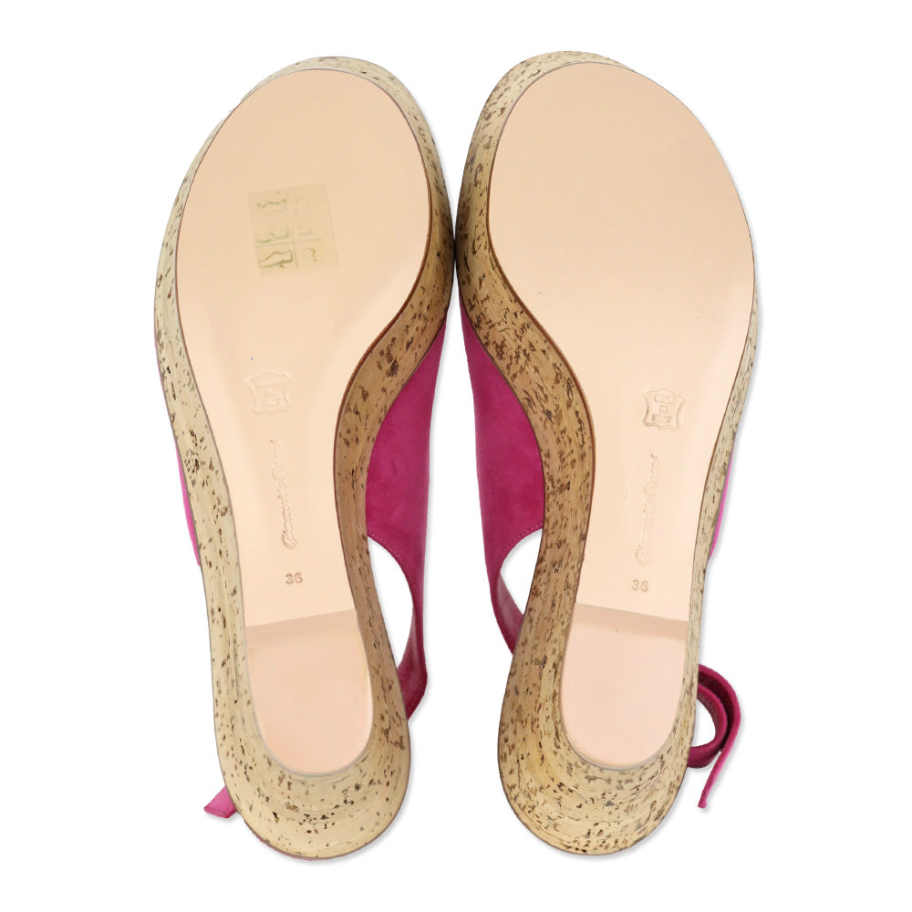 Gianvito Rossi Fuchsia Suede Slingback Peep Toe Cork Wedge Platform Sandal