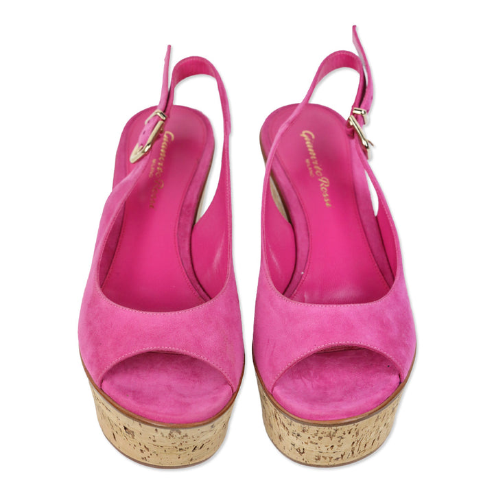 Gianvito Rossi Fuchsia Suede Slingback Peep Toe Cork Wedge Platform Sandal