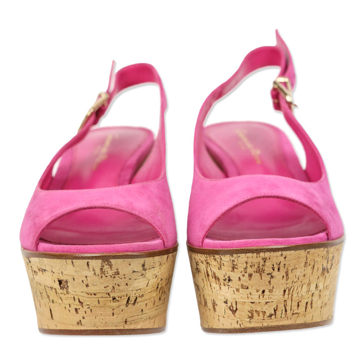 Gianvito Rossi Fuchsia Suede Slingback Peep Toe Cork Wedge Platform Sandal