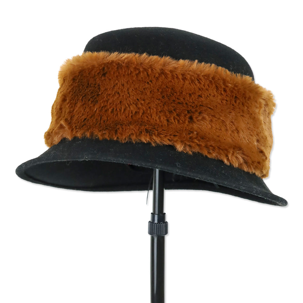 Gionannio New York Black Wool Brown Faux Fur Trim Hat