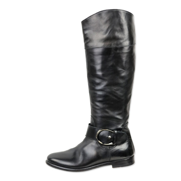Giorgio Armani Black Leather Knee High Buckle Riding Boot