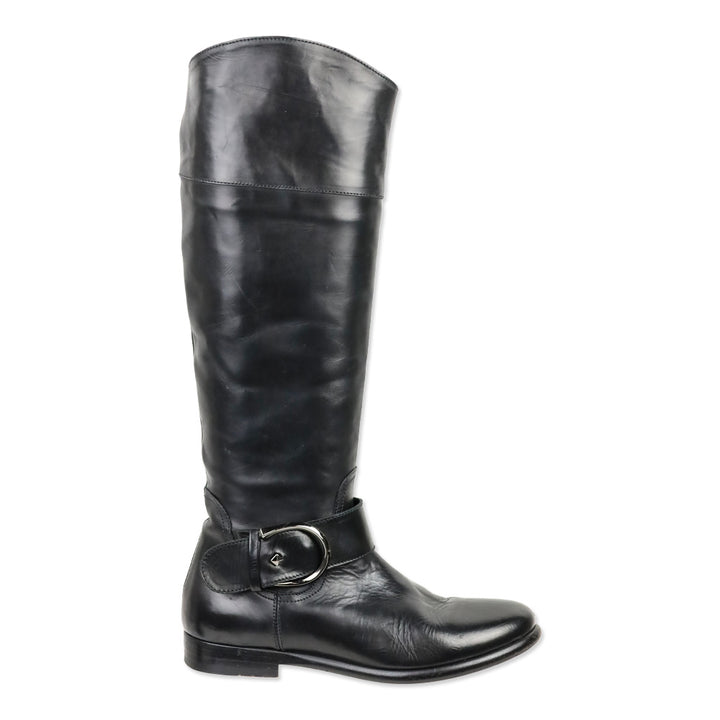Giorgio Armani Black Leather Knee High Buckle Riding Boot
