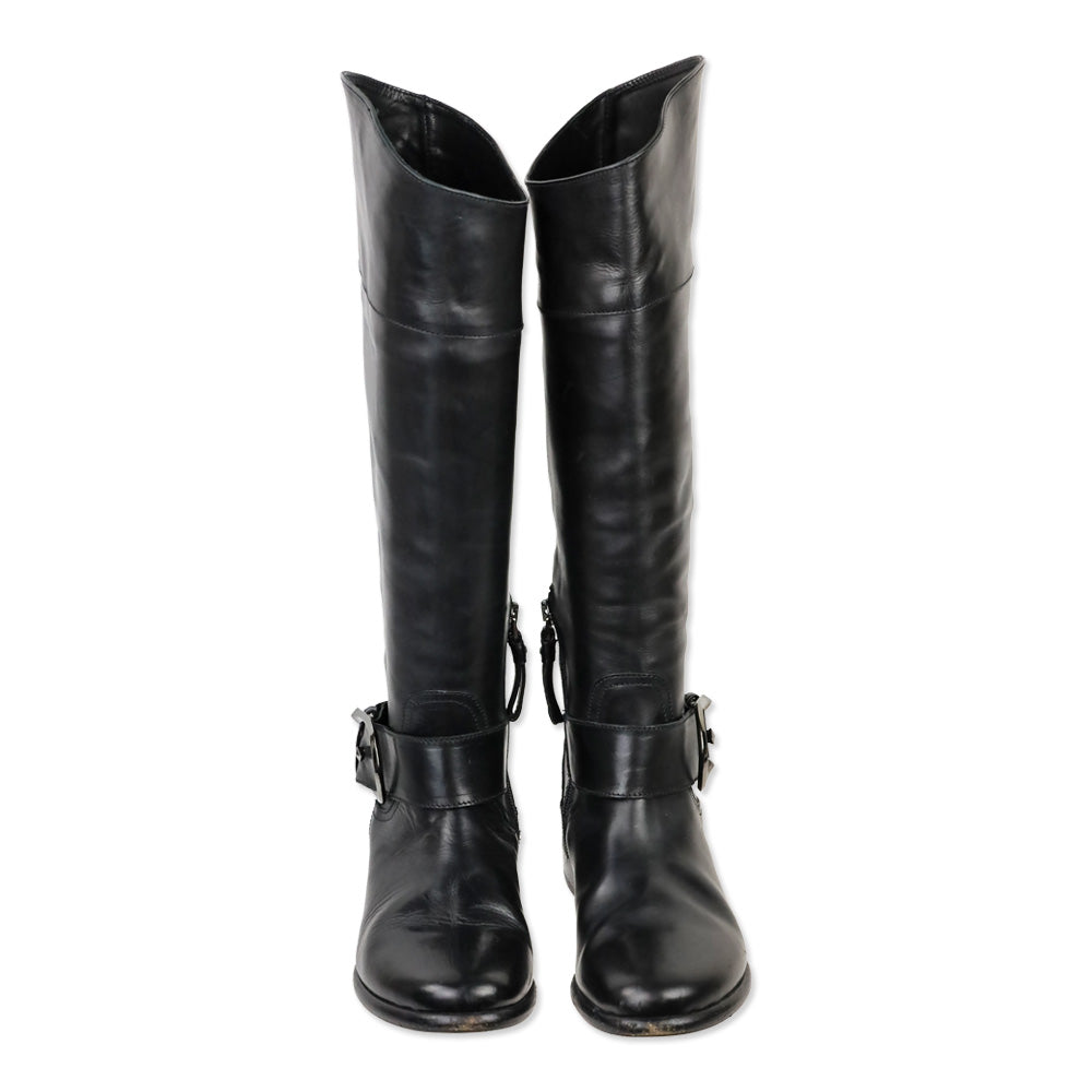 Giorgio Armani Black Leather Knee High Buckle Riding Boot