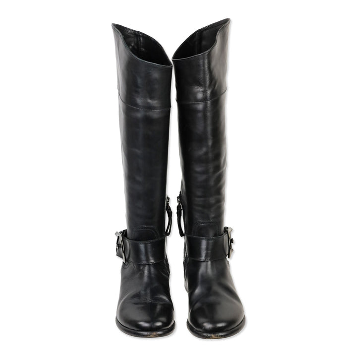 Giorgio Armani Black Leather Knee High Buckle Riding Boot