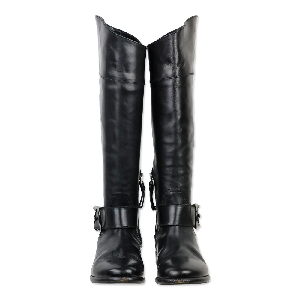 Giorgio Armani Black Leather Knee High Buckle Riding Boot
