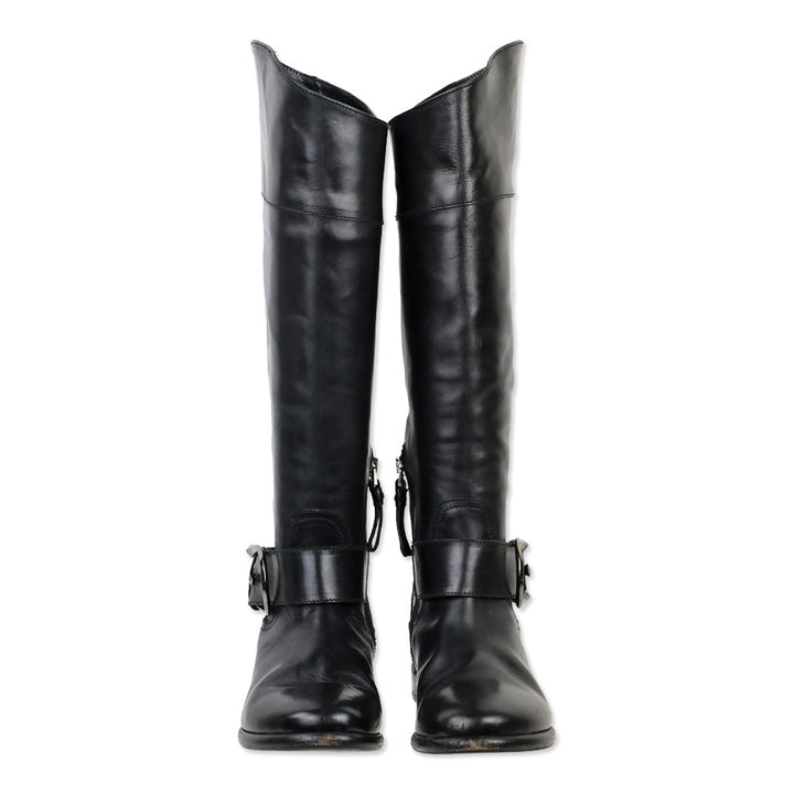 Giorgio Armani Black Leather Knee High Buckle Riding Boot