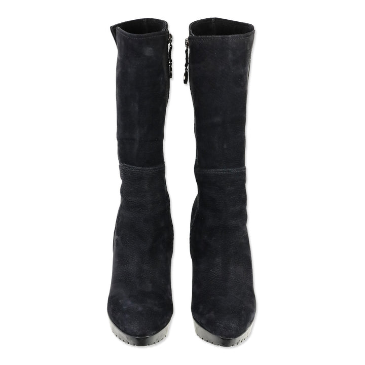 Giorgio Armani Black Nubuck Heeled Platform Calf Boot