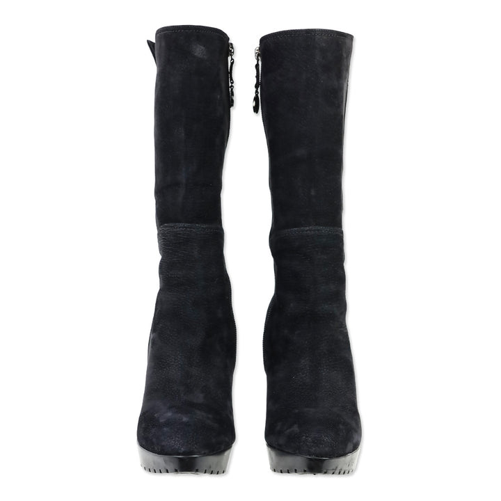 Giorgio Armani Black Nubuck Heeled Platform Calf Boot