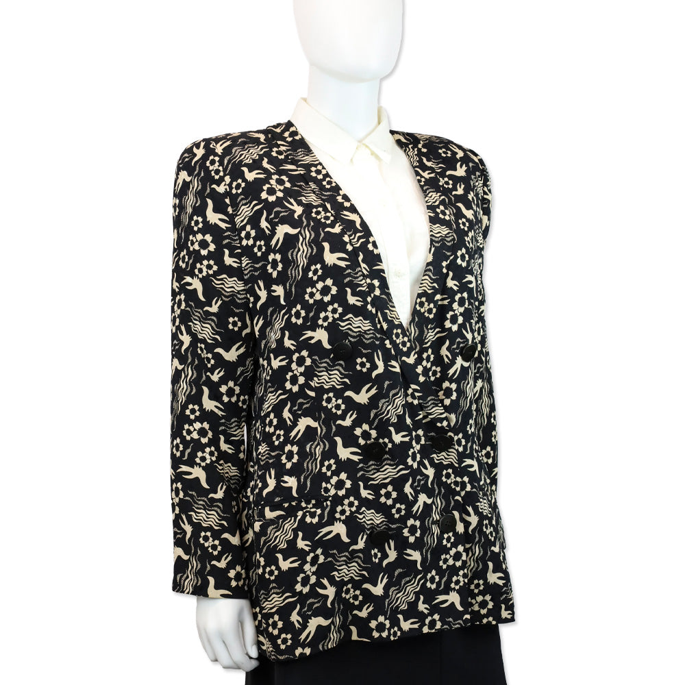 Giorgio Armani Black/Beige Floral Bird Print Double-Breasted Chiffon Blazer