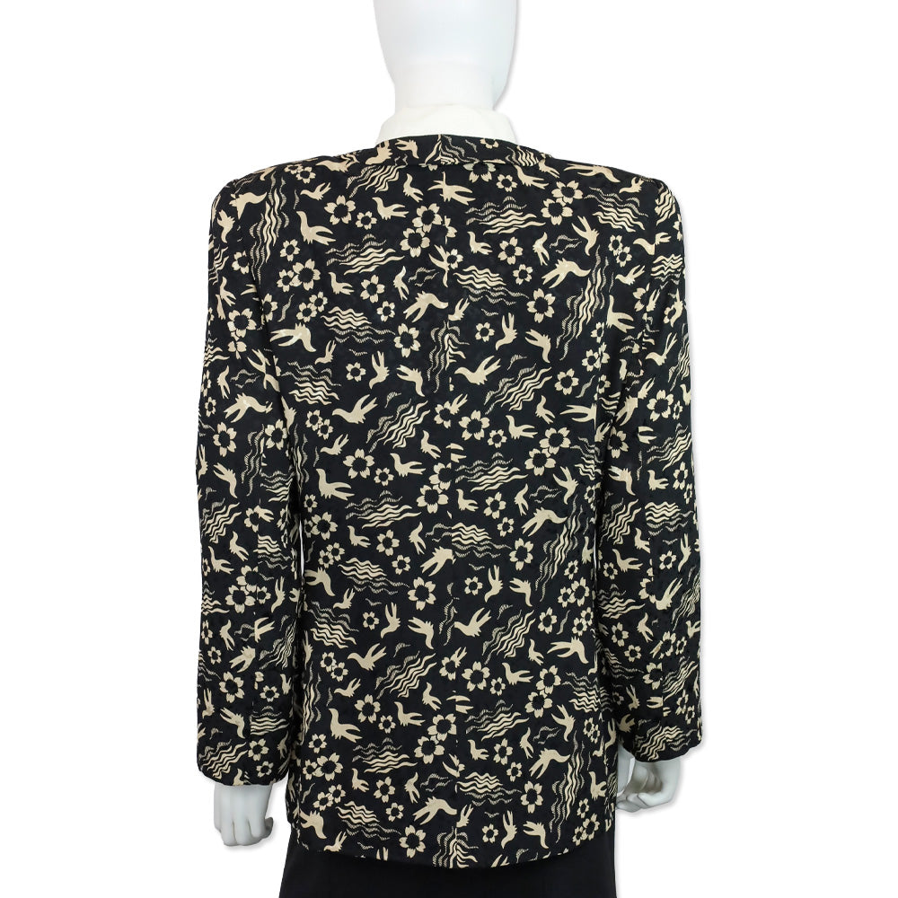 Giorgio Armani Black/Beige Floral Bird Print Double-Breasted Chiffon Blazer