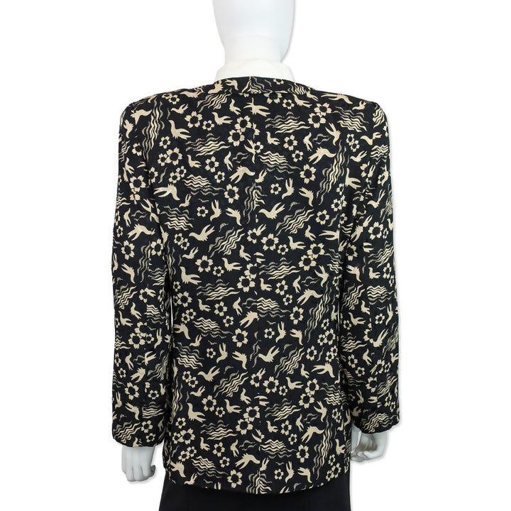 Giorgio Armani Black/Beige Floral Bird Print Double-Breasted Chiffon Blazer