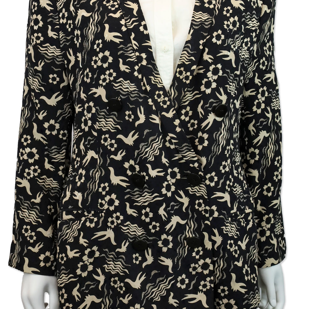 Giorgio Armani Black/Beige Floral Bird Print Double-Breasted Chiffon Blazer