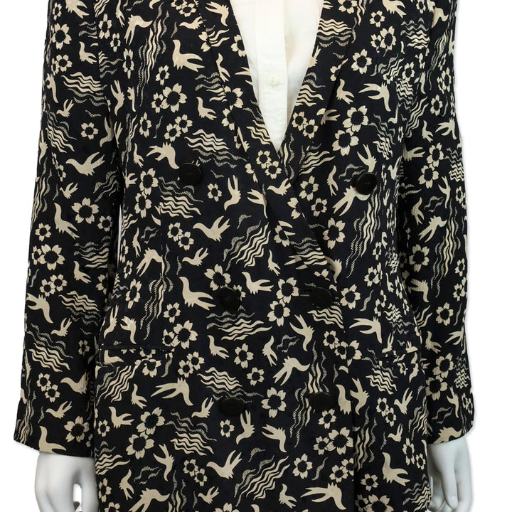 Giorgio Armani Black/Beige Floral Bird Print Double-Breasted Chiffon Blazer