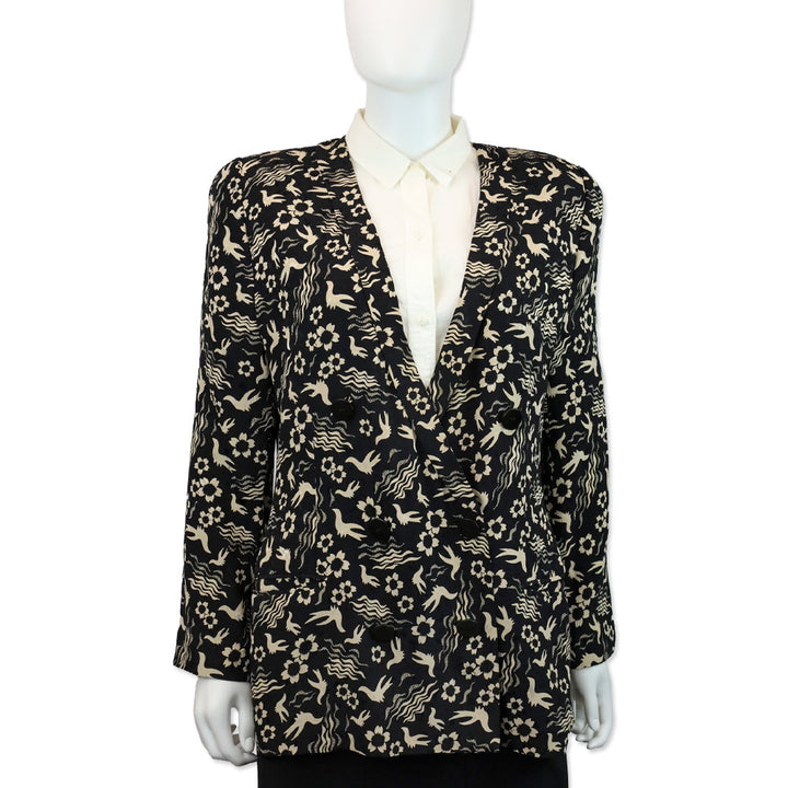 Giorgio Armani Black/Beige Floral Bird Print Double-Breasted Chiffon Blazer