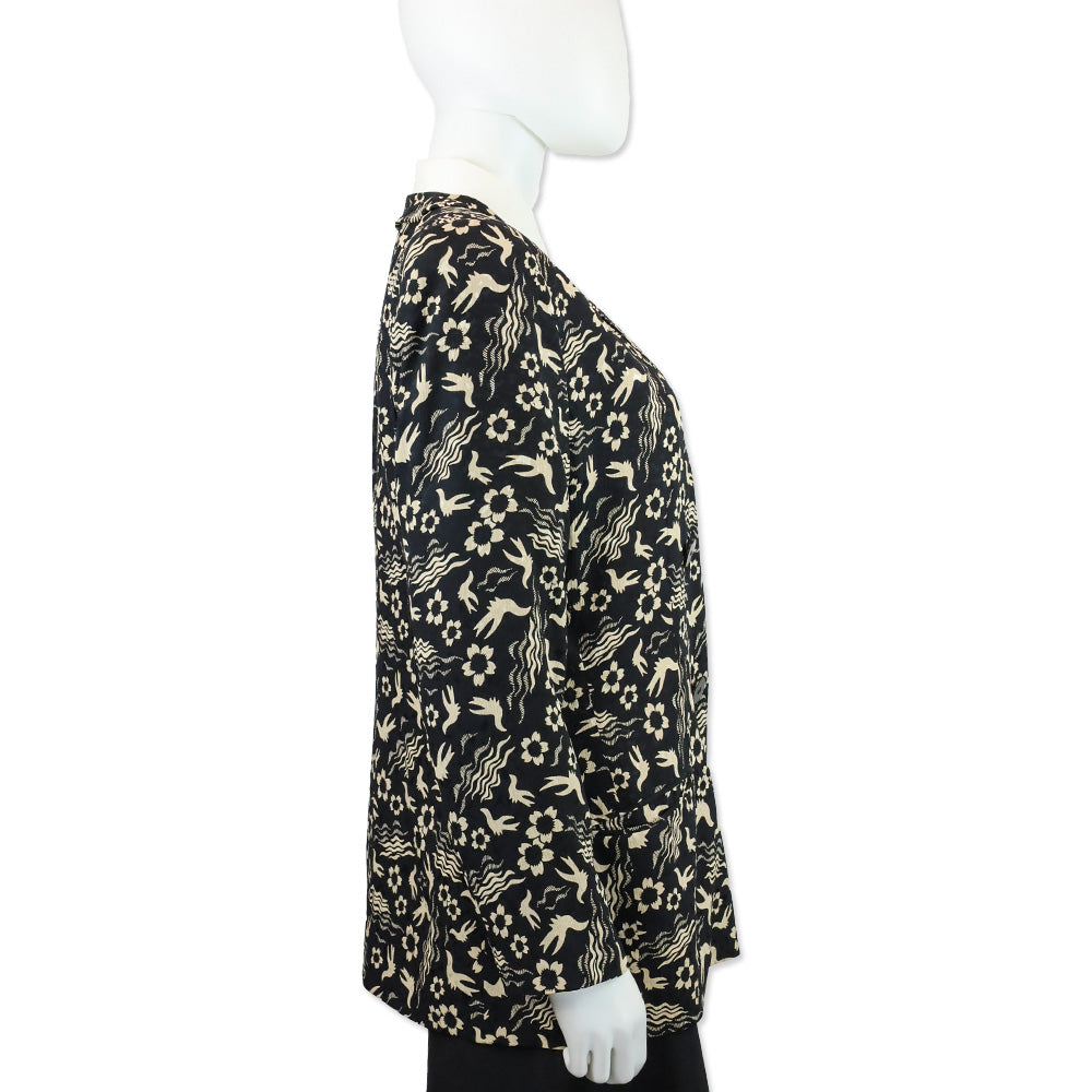 Giorgio Armani Black/Beige Floral Bird Print Double-Breasted Chiffon Blazer