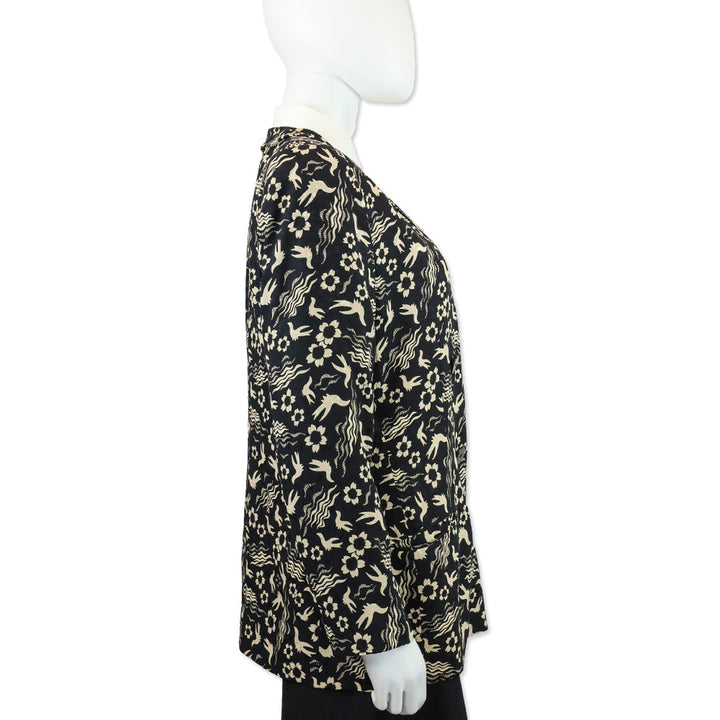 Giorgio Armani Black/Beige Floral Bird Print Double-Breasted Chiffon Blazer