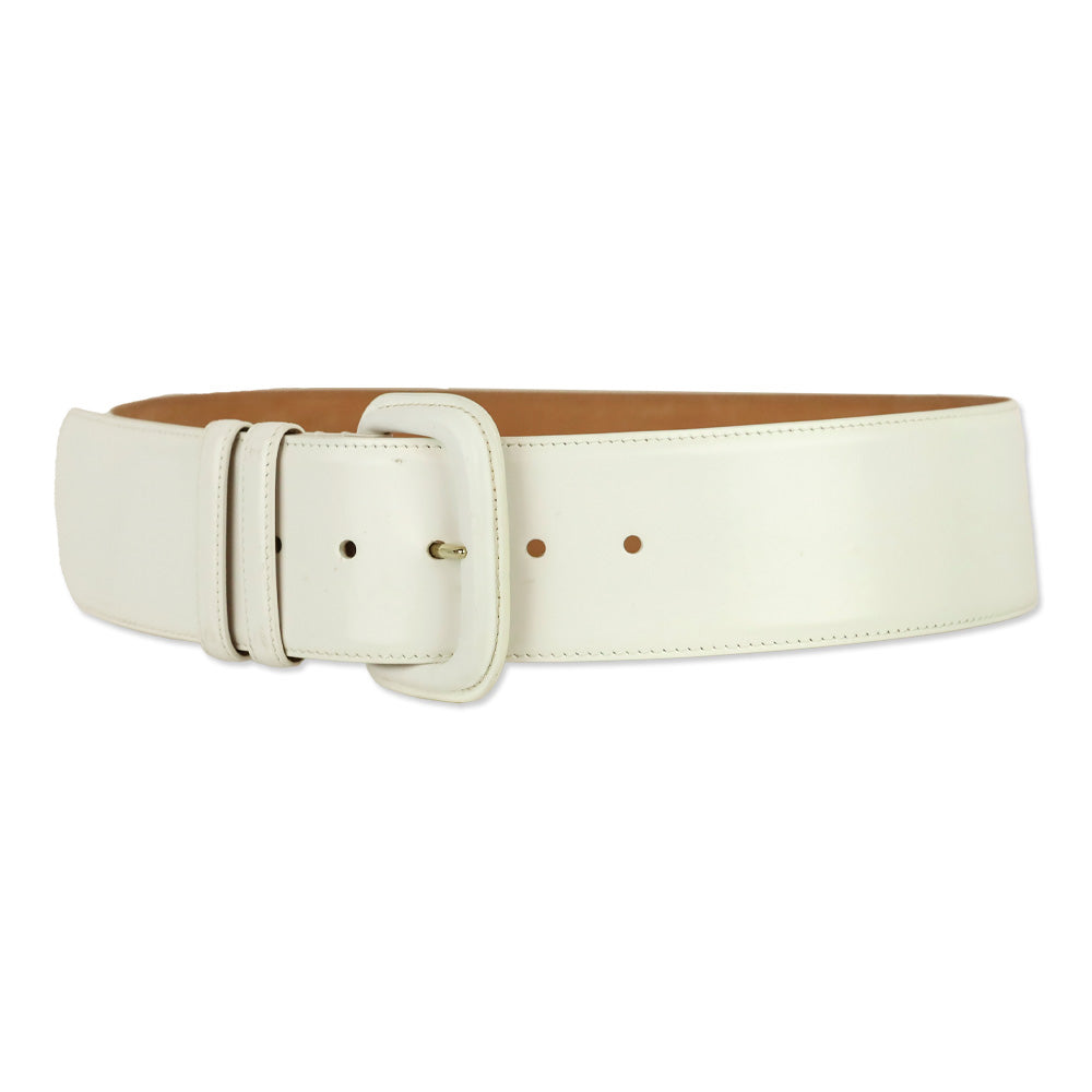 Giorgio Armani Wide White Glossy Leather Belt with Wrapped Buckle