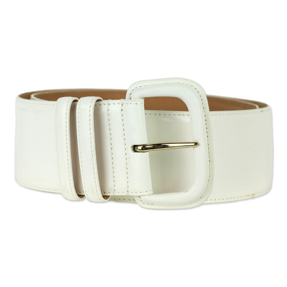 Giorgio Armani Wide White Glossy Leather Belt with Wrapped Buckle