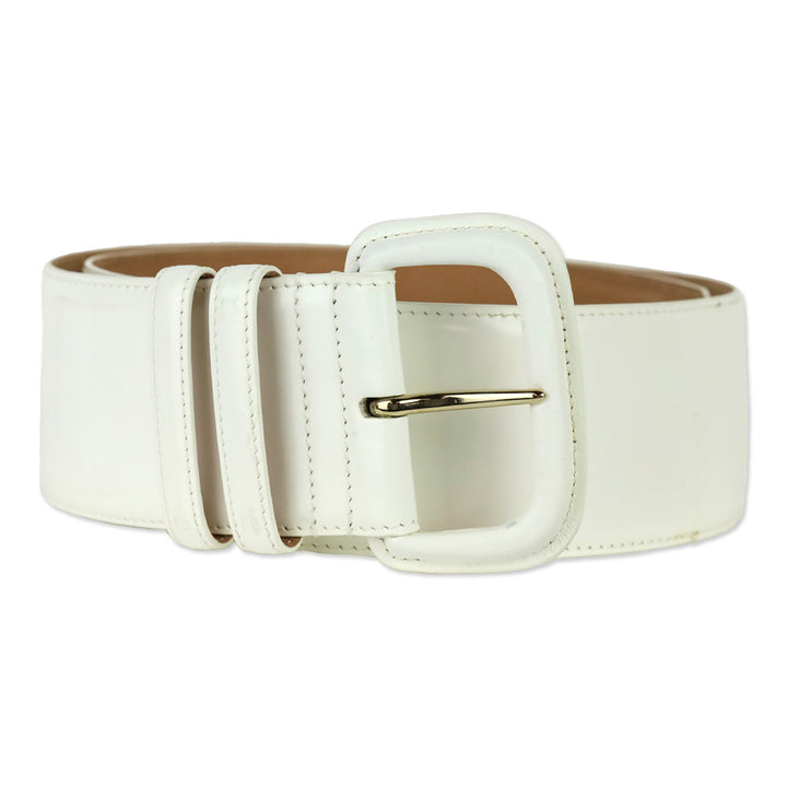 Giorgio Armani Wide White Glossy Leather Belt with Wrapped Buckle