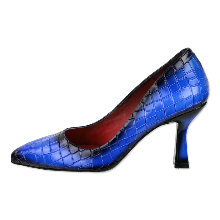 Girotti Royal Blue Croc Stamped Leather Block Heel Pump