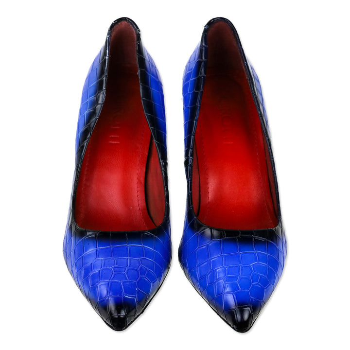 Girotti Royal Blue Croc Stamped Leather Block Heel Pump