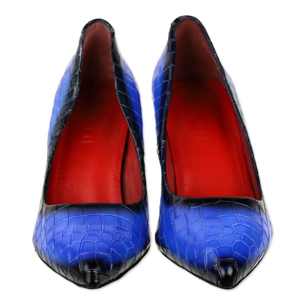 Girotti Royal Blue Croc Stamped Leather Block Heel Pump