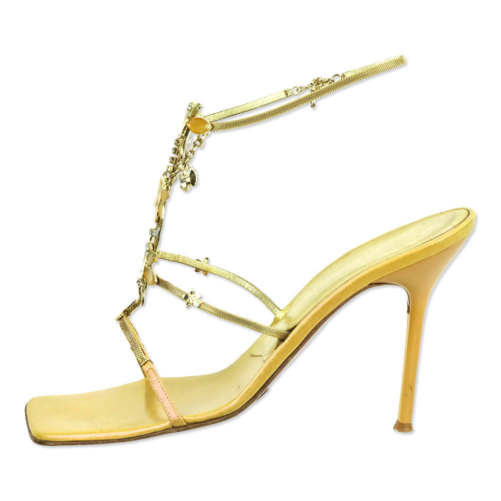 Giuseppe Zanotti Antique Gold Chain & Enamel Floral T-Strap Sandals