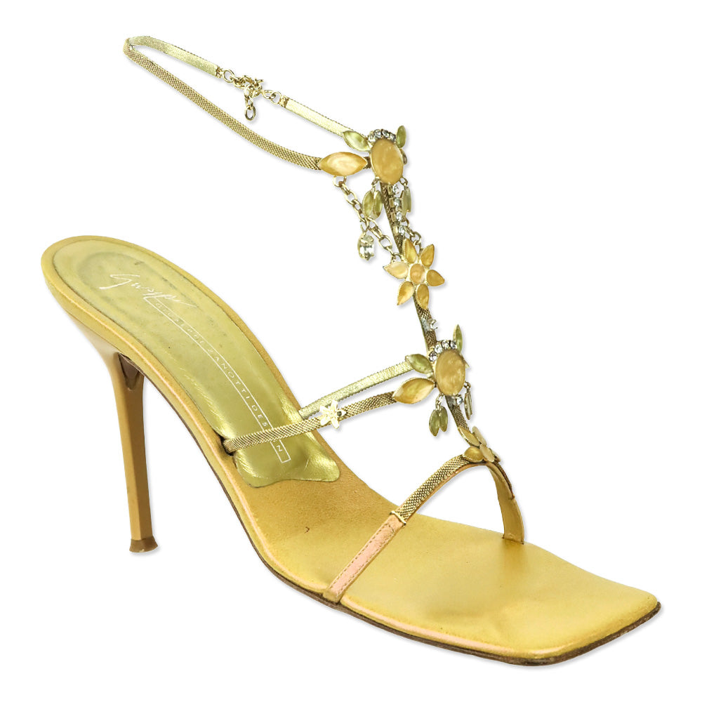 Giuseppe Zanotti Antique Gold Chain & Enamel Floral T-Strap Sandals