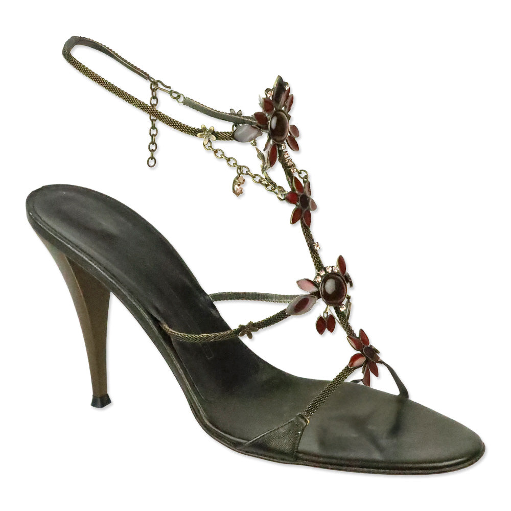 Giuseppe Zanotti Antique Gold Chain and Red Enamel Floral Accented T-Strap Sandals