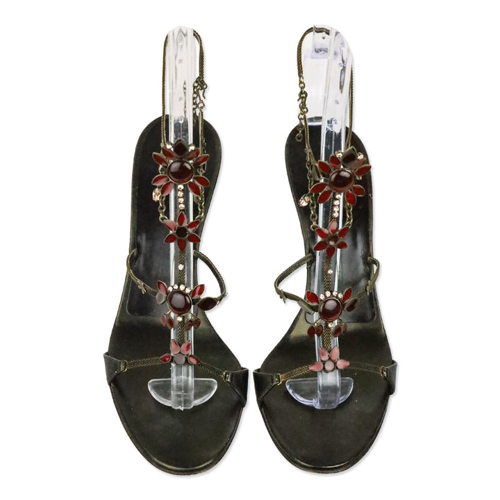 Giuseppe Zanotti Antique Gold Chain and Red Enamel Floral Accented T-Strap Sandals