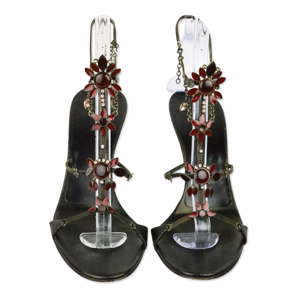 Giuseppe Zanotti Antique Gold Chain and Red Enamel Floral Accented T-Strap Sandals