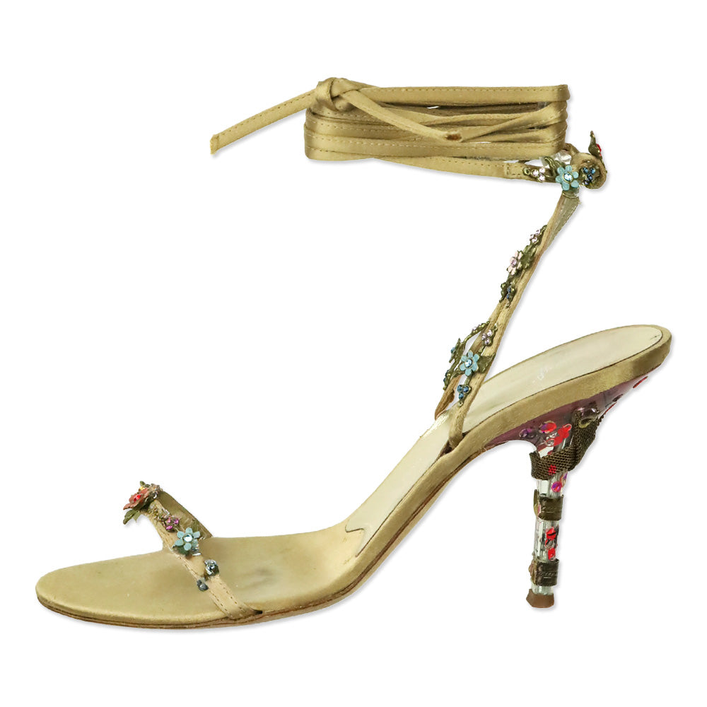 Giuseppe Zanotti Beige Satin Crystal Flower Appliqué Ankle-Wrap Sandals