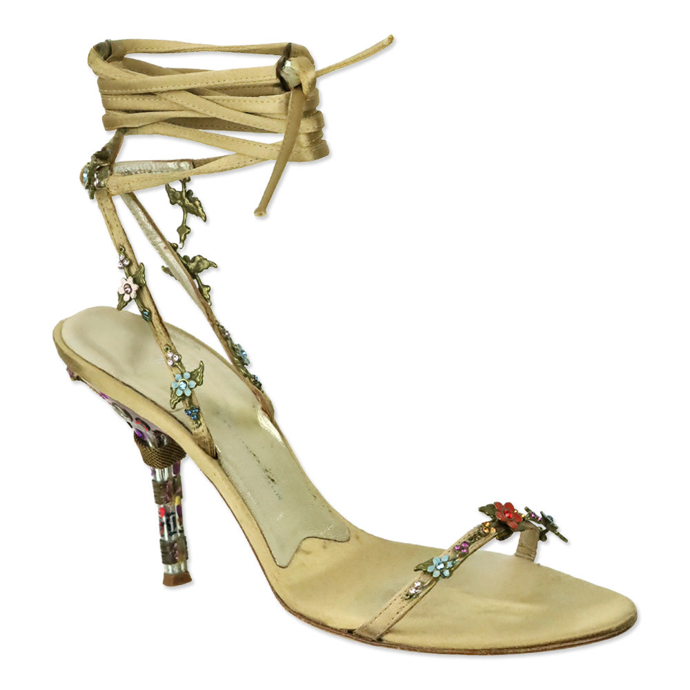 Giuseppe Zanotti Beige Satin Crystal Flower Appliqué Ankle-Wrap Sandals
