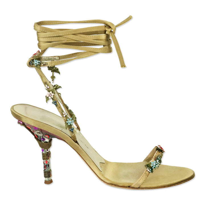 Giuseppe Zanotti Beige Satin Crystal Flower Appliqué Ankle-Wrap Sandals